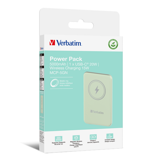 Verbatim Charge 'n' Go Power Bank 5000mAh Magnetic Wireless Charging - Green