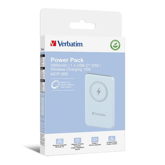 Verbatim Charge 'n' Go Power Bank 5000mAh Magnetic Wireless Charging - Blue