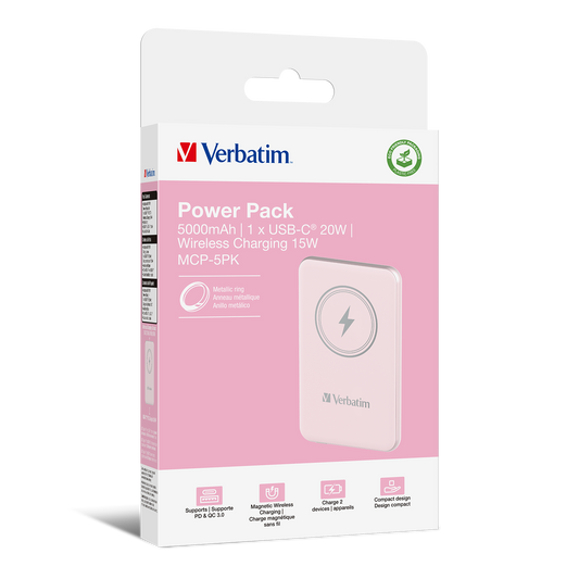 Verbatim Charge 'n' Go Power Bank 5000mAh Magnetic Wireless Charging - Pink
