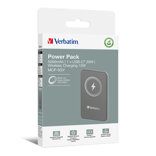 Verbatim Charge 'n' Go Power Bank 5000mAh Magnetic Wireless Charging - Grey