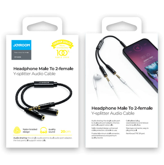 JOYROOM SY-A04 Headphone male to 2-female Y-splitter audio cable 0.2m-black