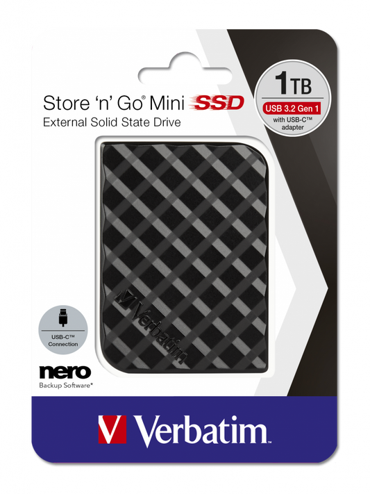 VERBATIM MINI SSD EXTERNAL USB 3.2 GEN1 1TB WITH USB-C ADAPTOR