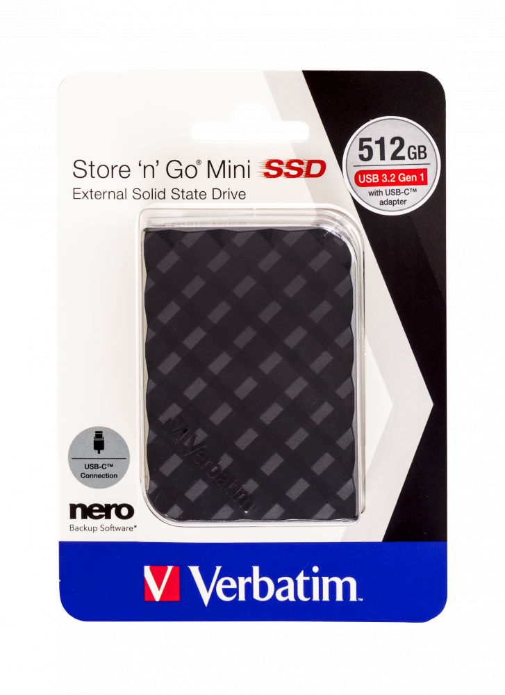 VERBATIM SSD EXTERNAL USB 3.2 GEN1 512GB MINI  WITH USB-C ADAPTOR
