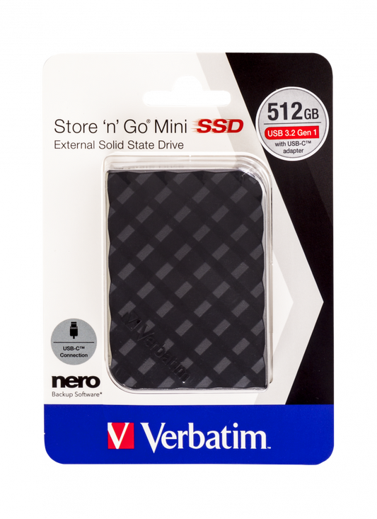 VERBATIM SSD EXTERNAL USB 3.2 GEN1 512GB MINI  WITH USB-C ADAPTOR