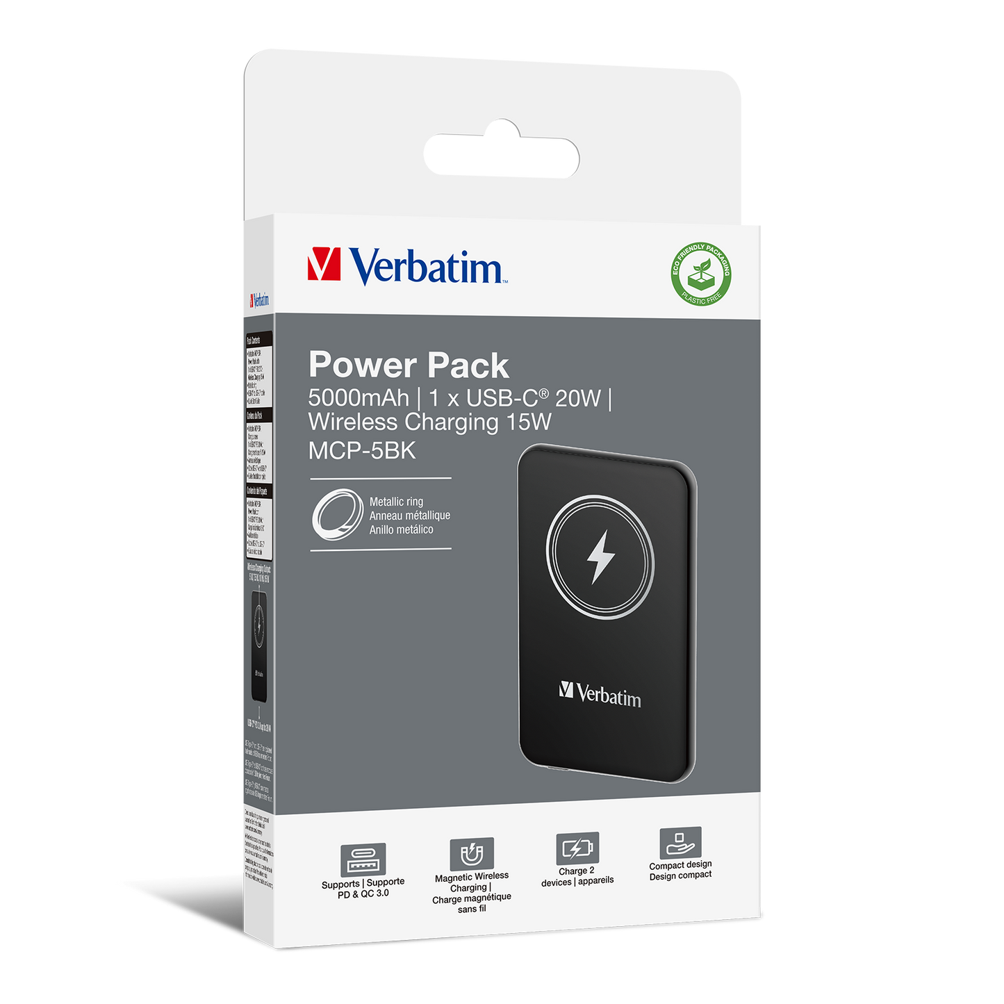 Verbatim Charge 'n' Go Power Bank 5000mAh Magnetic Wireless Charging - Black