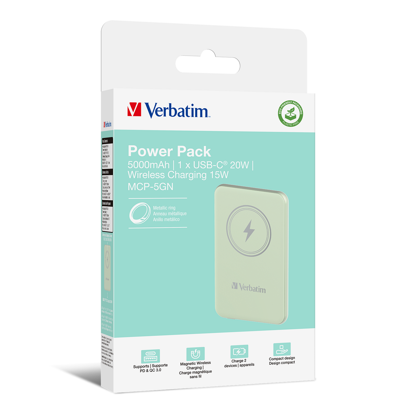 Verbatim Charge 'n' Go Power Bank 5000mAh Magnetic Wireless Charging - Green