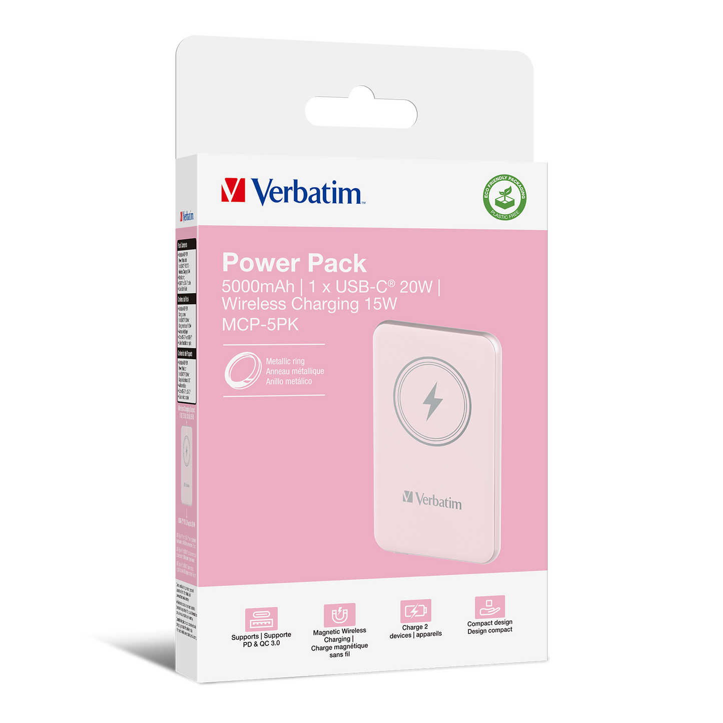 Verbatim Charge 'n' Go Power Bank 5000mAh Magnetic Wireless Charging - Pink