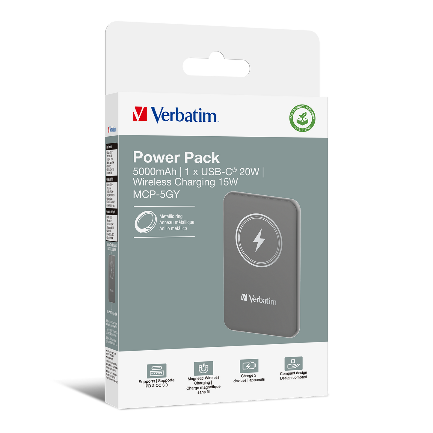 Verbatim Charge 'n' Go Power Bank 5000mAh Magnetic Wireless Charging - Grey