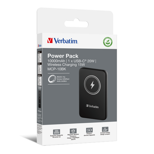 Verbatim Charge 'n' Go Power Bank 10000mAh Magnetic Wireless Charging - Black