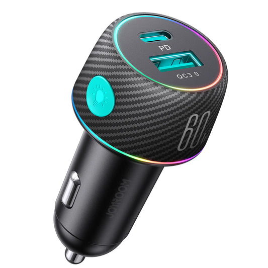 JOYROOM JR-CCN01 60W 1A+1C Multi-Color Car Charger with Light Button-Black