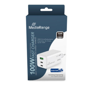 MediaRange 100W GaN Fast Charging Adapter, 2x USB-C and 1x USB-A, USB-C