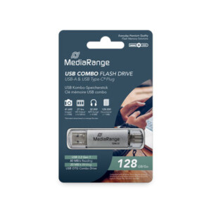 MediaRange USB 3.2 Gen 1 Combo Flash Memory Drive with USB-A and USB-C®, Silver, 128GB