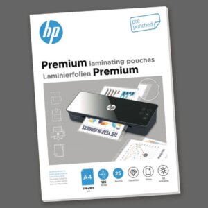 HP Premium Laminating Pouches, A4 pre-punched, 125 Micron, Pouches/Pack25 pcs,Pouch Size (mm) 228 x 303 (9122)